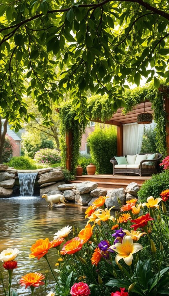 A serene garden oasis, with a lush canopy of verdant foliage overhead. In the foreground, a tranquil pond reflects the gentle ripples of a cascading waterfall, its soothing sounds inviting peaceful contemplation. Scattered throughout the middle ground, an array of vibrant flowers in warm hues - peonies, irises, and fragrant lilies - create a tapestry of natural beauty. In the background, a wooden pergola draped with cascading vines offers a shaded, secluded retreat, where wicker furniture and plush cushions beckon for a moment of pure relaxation. Soft, diffused lighting filters through the leaves, casting a warm, golden glow over the entire scene, evoking a sense of calm and rejuvenation.