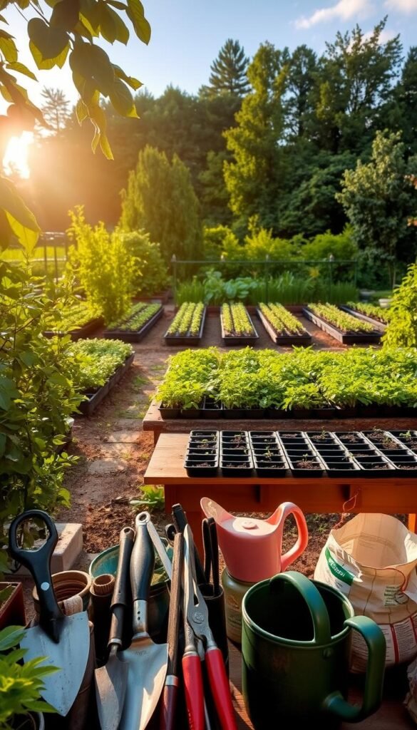 A serene garden setting, the sun's gentle rays filtering through lush foliage. In the foreground, neatly organized gardening tools - trowels, pruners, and a watering can - await their purpose. In the middle ground, a wooden potting bench stands ready, its surface adorned with seedling trays and bags of soil. Farther back, rows of thriving plants and a verdant backdrop of trees and shrubs create a sense of tranquility. The scene exudes a harmonious atmosphere, inviting the viewer to embark on a fulfilling gardening journey.