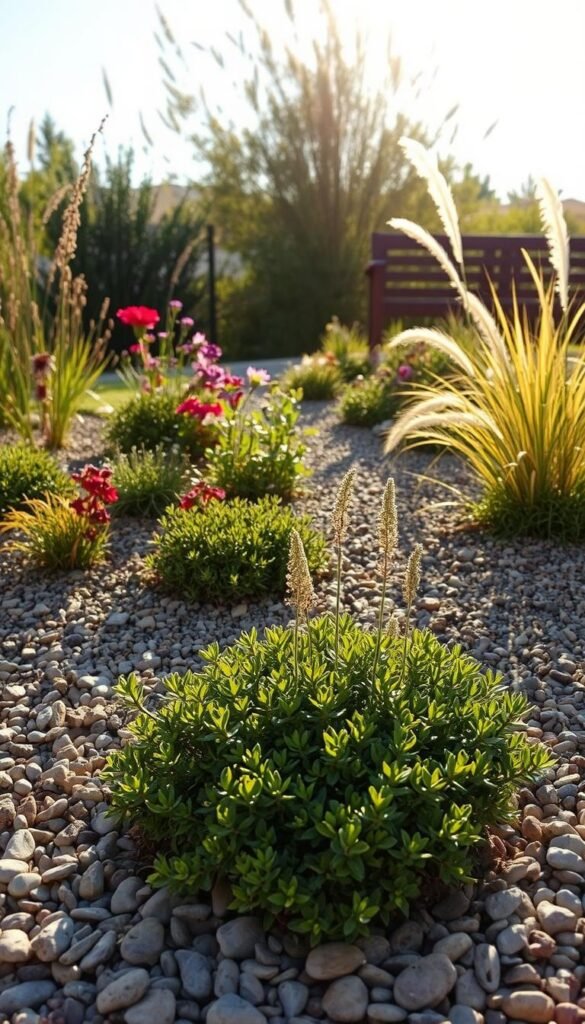 A serene gravel garden filled with vibrant, drought-resistant plants, bathed in warm, golden sunlight. In the foreground, a lush, low-growing groundcover cascades over smooth, sun-dappled pebbles. Behind it, a mix of delicate flowers and ornamental grasses sway gently in a light breeze. In the distance, a wooden bench invites one to pause and admire the tranquil scene. The overall atmosphere is one of peaceful simplicity, highlighting the effortless beauty and practical benefits of a well-designed gravel garden.