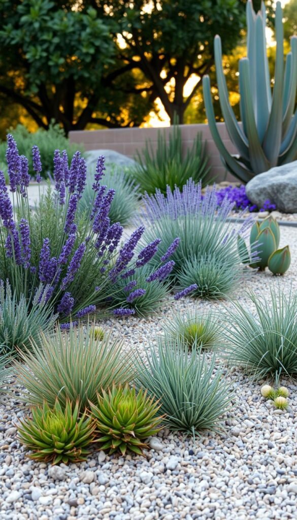 A serene gravel garden with a delicate, naturalistic arrangement of drought-tolerant plants. In the foreground, a mix of low-growing succulents and ornamental grasses create a soft, textural ground cover. Midground features larger perennials like lavender and rosemary, their purple and silver hues complementing the neutral gravel. The background showcases the architectural forms of sculptural agave and yucca, framed by a warm, golden light filtering through a canopy of trees. The overall composition exudes a sense of tranquility and effortless beauty, inspiring a low-maintenance, Mediterranean-inspired landscape design.