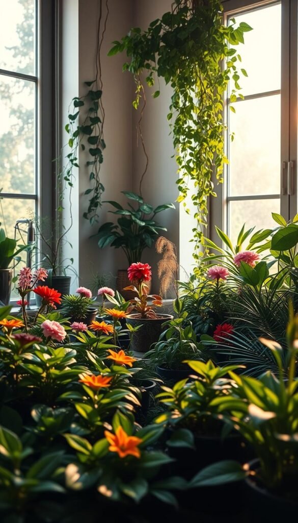 A serene indoor garden, bathed in warm, natural light filtering through large windows. In the foreground, a diverse array of thriving houseplants - lush green foliage, vibrant flowers, and cascading vines. Midground showcases the plants' beneficial effects, such as air purification, stress reduction, and enhanced creativity. The background blends seamlessly with the decor, creating a harmonious, biophilic atmosphere. Soft shadows and reflections add depth and tranquility, inviting the viewer to immerse themselves in the calming oasis. The overall scene conveys the rejuvenating power of an indoor garden aesthetic, inspiring the observer to cultivate their own harmonious indoor sanctuary.