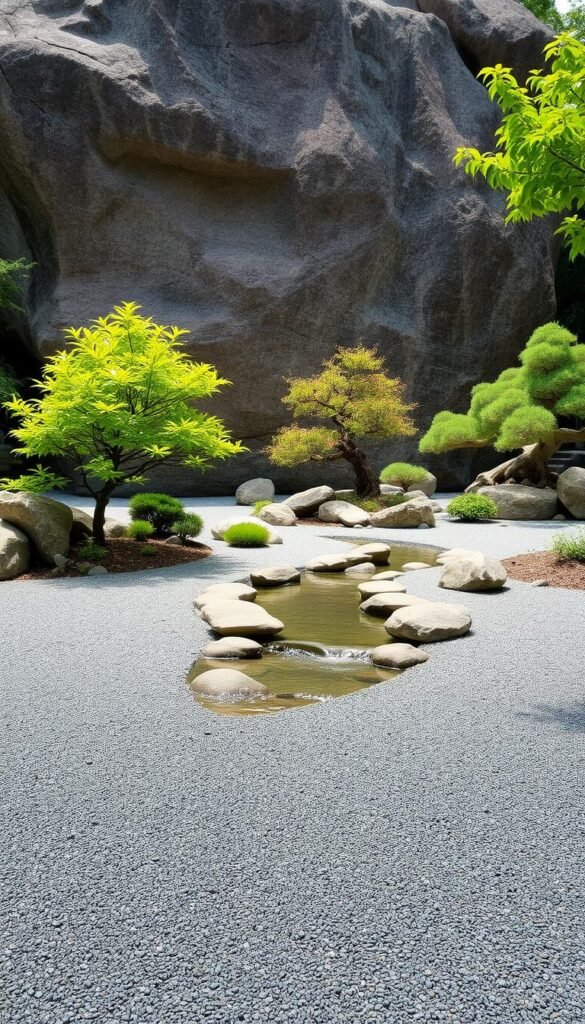 A serene, minimalist Zen garden featuring a tranquil water feature. In the foreground, a carefully curated arrangement of smooth stones and raked gravel creates a sense of balance and tranquility. A gently flowing stream meanders through the center, its calming sounds complementing the overall peaceful atmosphere. In the middle ground, lush, verdant foliage, including delicate Japanese maples and carefully pruned bonsai trees, frame the scene. The background is dominated by a large, weathered rock formation, casting soft, diffused lighting throughout the garden. The overall composition evokes a sense of harmony, inviting the viewer to pause and find stillness amidst the natural elements.