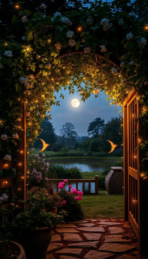 A serene, moonlit garden at dusk, swathed in a dreamy fairy light ambiance. The lush foliage of trailing vines and blooming flowers forms a verdant canopy, softly illuminated by a constellation of warm, twinkling lights. In the foreground, a rustic wooden arbor is enveloped in cascading blooms, casting delicate shadows on the stone pathway below. The middle ground reveals a tranquil pond, its surface reflecting the ethereal glow. Distant trees and a hazy horizon complete the scene, evoking a sense of enchantment and timeless beauty. Soft, diffused lighting creates a magical, romantic atmosphere, inviting the viewer to step into this enchanting garden oasis.