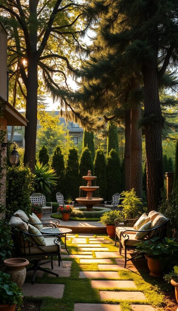 A serene outdoor patio nestled amidst a lush, verdant garden. The scene is bathed in warm, golden sunlight, casting a cozy, inviting ambiance. In the foreground, an elegant wrought-iron patio set with plush, cushioned seating beckons for relaxation. Potted plants and trailing vines add pops of vibrant greenery, while a stone pathway leads the eye towards the middle ground, where a gently bubbling water feature creates a soothing soundtrack. In the background, a row of tall, mature trees frames the scene, their canopies casting dappled shadows across the patio, evoking a sense of tranquility and privacy. The overall composition suggests a perfectly curated oasis, a harmonious blend of nature and refined design, ready to offer a cozy, outdoor retreat.