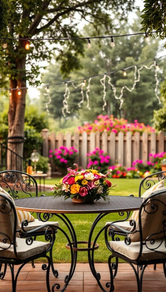 A serene outdoor scene set for a summer garden party. In the foreground, an elegant wrought-iron patio set with plush cushions and a centerpiece of lush, colorful flowers. In the middle ground, string lights gracefully draped between trees, casting a warm, inviting glow. The background features a well-manicured lawn leading to a charming wooden fence, with a glimpse of vibrant blooming plants beyond. Soft, diffused natural lighting filters through wispy clouds, creating a tranquil, picturesque atmosphere. The overall composition evokes a sense of anticipation and delight for the upcoming outdoor celebration.