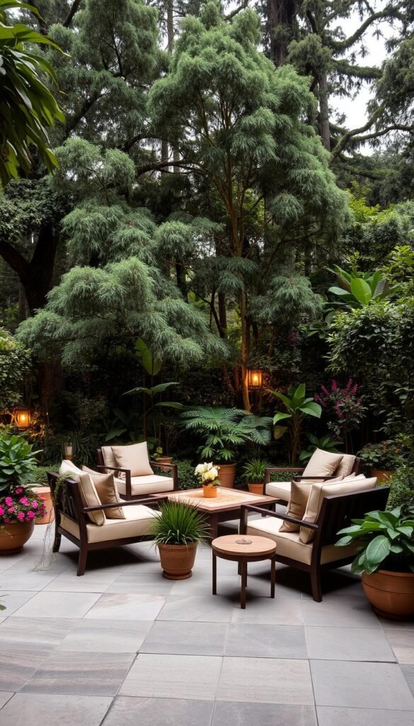 A serene outdoor seating area nestled within a lush, verdant garden. Plush, inviting chairs arranged around a central coffee table, surrounded by a variety of potted plants and blooming flowers. Warm, soft lighting casts a cozy glow, as gentle breezes rustle the leaves of towering trees in the background. Smooth, polished stone tiles create a cohesive, natural aesthetic, seamlessly blending the space with its natural surroundings. An oasis of comfort and relaxation, this idyllic setting invites you to unwind and savor the beauty of the great outdoors.