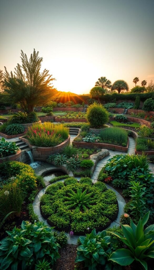 A serene permaculture garden in the golden hour, showcasing the core principles through a harmonious arrangement of lush vegetation, cascading water features, and natural elements. In the foreground, an intricate mandala pattern of spiraling plants and flowers symbolizes the interconnectedness of natural systems. The middle ground features a well-designed, low-maintenance polyculture with diverse edible and medicinal species, arranged in guilds to maximize productivity and resource sharing. In the background, a gently sloping terrain with swales and berms captures and stores water, creating a resilient and self-sustaining landscape. Soft, warm lighting illuminates the scene, conveying a sense of balance, abundance, and environmental stewardship.