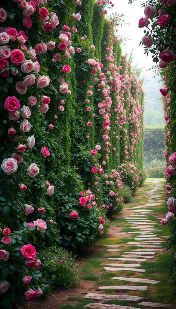 A serene rose garden with lush, vertical walls adorned with cascading blooms in shades of pink, red, and white. Meandering pathways wind through the verdant scene, inviting exploration. Soft, diffused lighting casts a warm glow, accentuating the delicate petals and creating an atmosphere of tranquility. The composition features a balanced blend of foreground rose bushes, middle-ground pathways, and a distant, hazy background of verdant foliage. A classic, romantic aesthetic that evokes a sense of timeless beauty and relaxation.