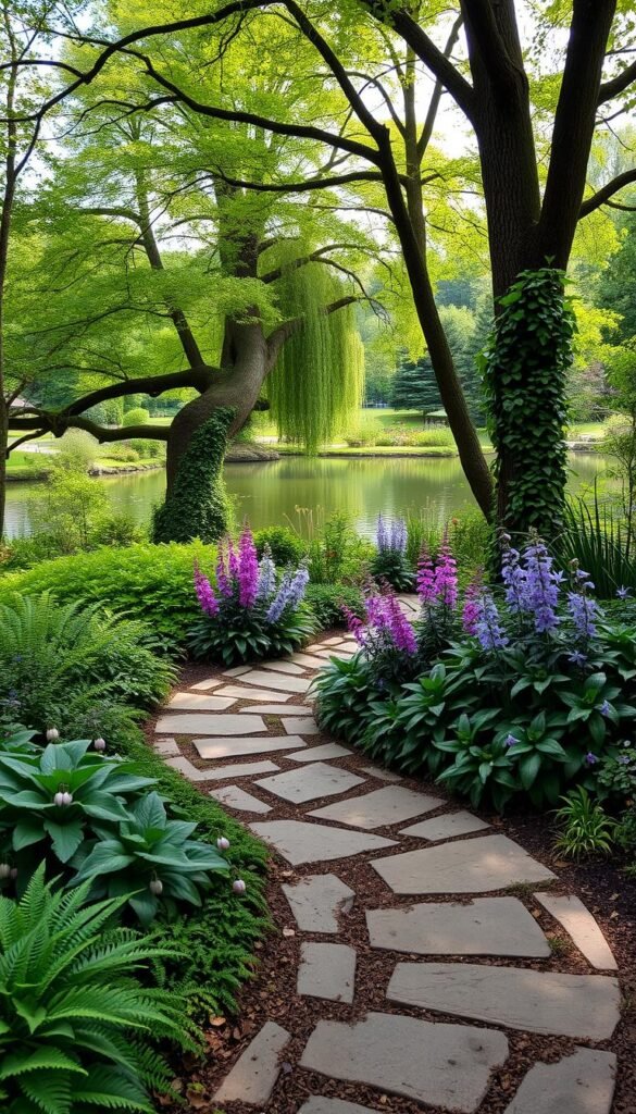A serene shade garden layout, with lush foliage and delicate blooms. In the foreground, a winding stone path meanders through a tapestry of ferns, hostas, and bleeding hearts. Overhead, a canopy of towering trees filters the sunlight, casting a soft, dappled glow across the scene. In the middle ground, clusters of vibrant astilbes, columbines, and Japanese anemones add pops of color, complemented by the rich greens of pachysandra and ivy. The background features a tranquil pond, its surface reflecting the surrounding verdant landscape. The overall mood is one of peaceful harmony, inviting the viewer to explore this shaded oasis.