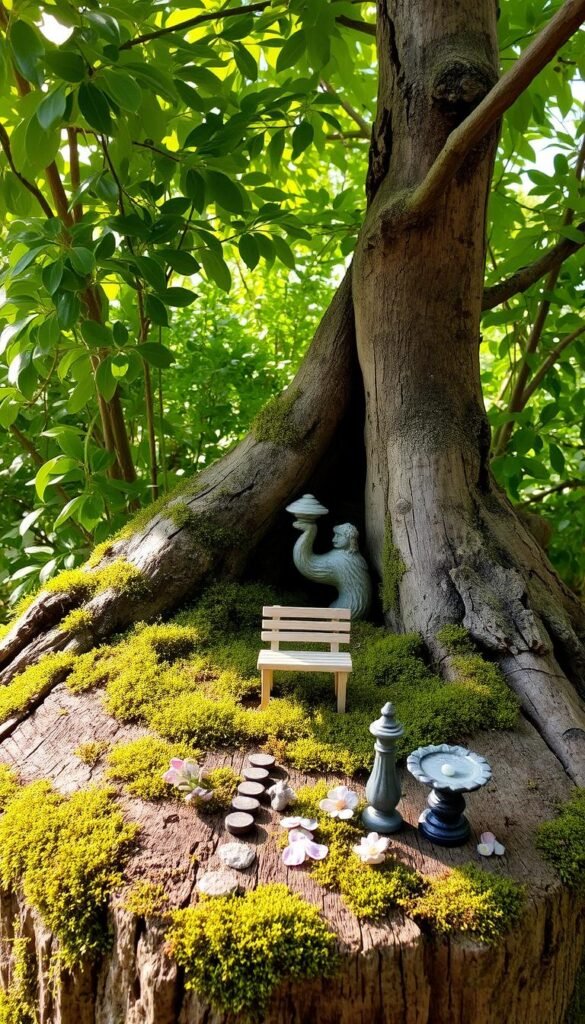 A serene, softly-lit tree stump nestled amidst lush foliage and delicate moss. Sunlight filters through the verdant canopy, casting a warm, enchanting glow. In the foreground, a carefully curated selection of miniature fairy garden elements - a tiny bench, a diminutive bird bath, and delicate floral accents - await arrangement, hinting at the transformation to come. The stump's weathered surface provides the perfect foundation for this enchanting scene, inviting the viewer to imagine the whimsical fairy world that will soon flourish within.
