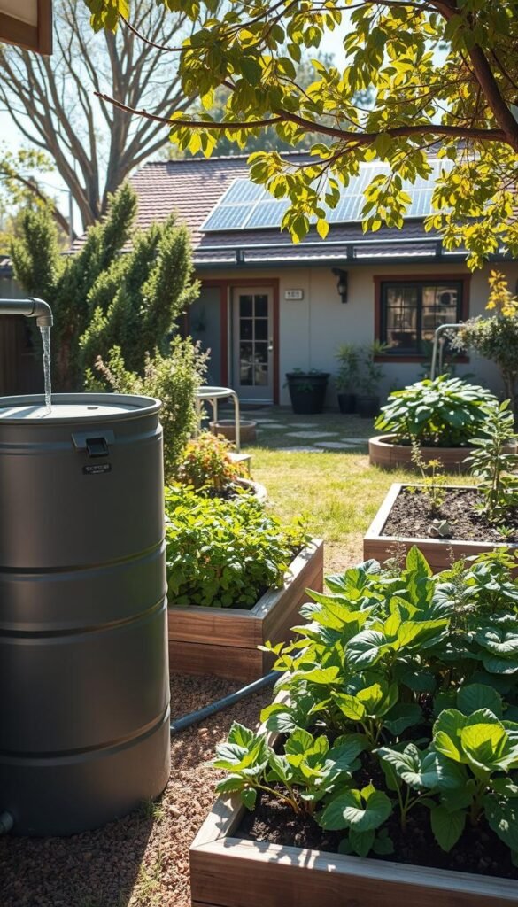 A serene, sun-dappled backyard showcasing sustainable home water practices. In the foreground, a rain barrel system collects rainfall from the rooftop, its sleek design blending seamlessly with the natural surroundings. Lush, drought-tolerant plants fill raised garden beds, their leaves gently swaying in a soft breeze. In the middle ground, a greywater system filters and redirects used household water to nourish a thriving vegetable garden. The background features a cozy, energy-efficient home, its solar panels harnessing the sun's power. The scene exudes a sense of harmony, where modern water conservation techniques are artfully integrated into a beautiful, eco-friendly oasis.