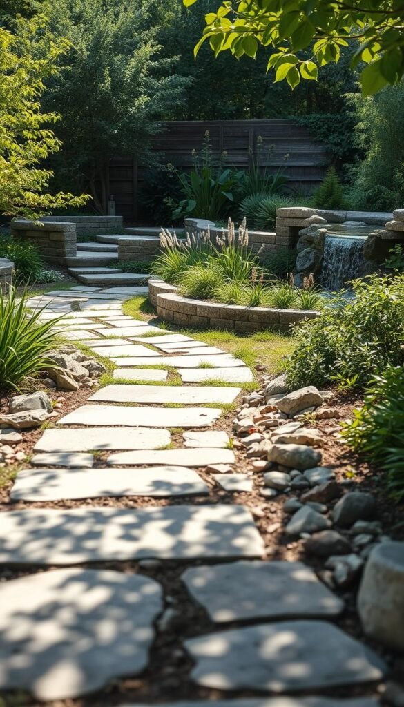 A serene, sun-dappled garden path, flanked by lush greenery and sustainable hardscaping materials. In the foreground, smooth river rocks and permeable pavers create a natural, textured surface. Midground, raised garden beds with native plants and shrubs, their colors and textures complementing the hardscape. In the background, a soothing water feature, its gentle flow accentuating the tranquil atmosphere. Soft, diffused lighting highlights the organic shapes and earthy tones, conveying a sense of harmony between the built and natural elements. Shot with a wide-angle lens to capture the holistic garden design, emphasizing the eco-friendly, sustainable aesthetic.