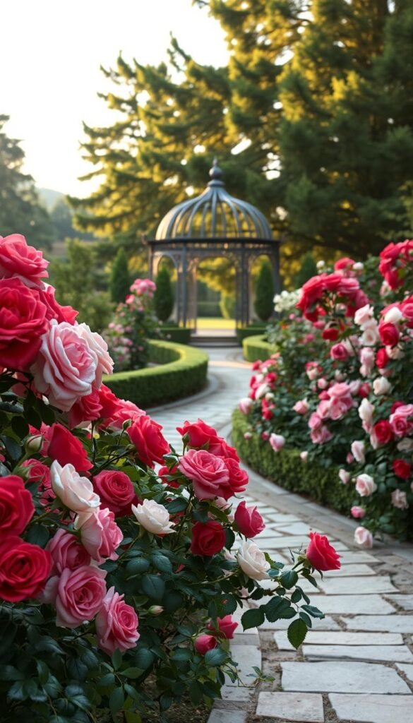 A serene, timeless rose garden with a classical design. In the foreground, a lush tapestry of velvety red, pink, and white rose blooms cascade gracefully, their petals gently swaying in the warm, soft light. The middle ground features a winding stone pathway, flanked by carefully manicured hedges and ornamental trellises, creating a sense of elegant order. In the background, a wrought-iron gazebo stands as a focal point, its delicate silhouette framed by towering, mature trees casting dappled shadows across the scene. The overall atmosphere exudes a timeless, refined elegance, transporting the viewer to a bygone era of refined gardening artistry.