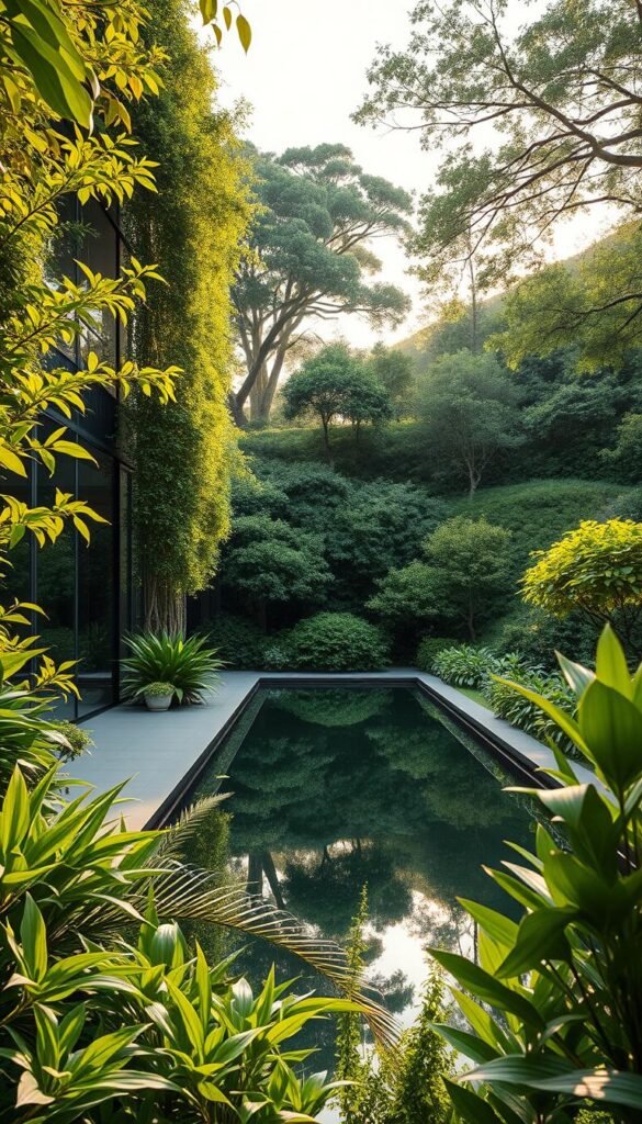 A serene, verdant garden oasis blending seamlessly with a contemporary, glass-walled residence. The foreground features lush, vibrant foliage intertwined with the sleek architectural lines, creating a harmonious fusion of nature and design. The middle ground showcases a tranquil reflecting pool, its glassy surface mirroring the surrounding greenery and mirrored facade. The background gently slopes upward, framed by towering trees and sprawling shrubs, lending a sense of depth and enclosure. Warm, diffused natural lighting filters through the canopy, casting a soft, ambient glow and accentuating the organic textures. The overall scene exudes a calming, ethereal atmosphere, where the boundaries between built and natural environments have been artfully blurred.