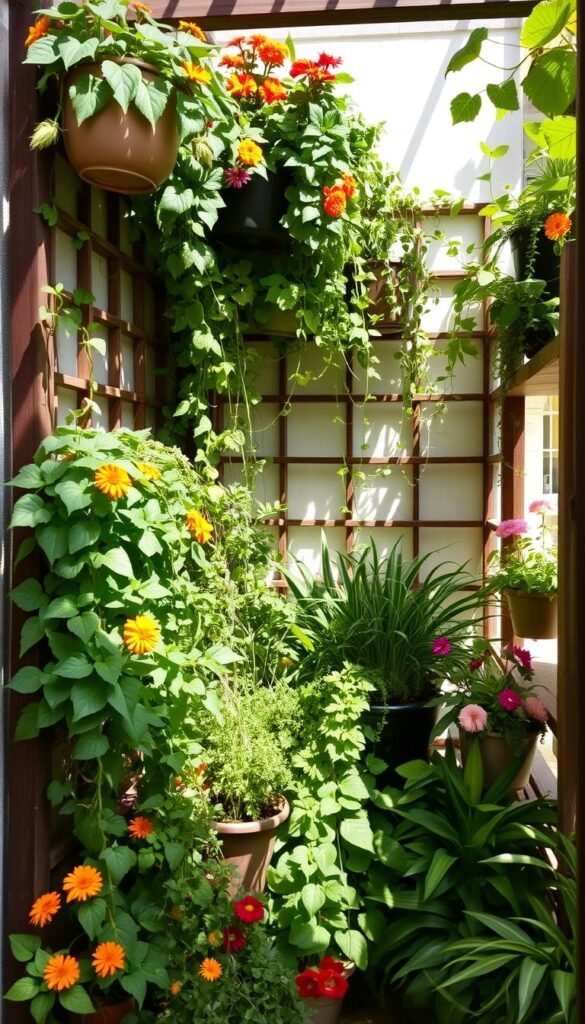 A serene vertical garden oasis in a sun-dappled urban setting. A lush variety of cascading vines, trailing plants, and verdant foliage spill from repurposed containers and hanging baskets, maximizing every inch of the limited space. Vibrant flowers in warm hues punctuate the greenery, lending a sense of abundance. Wooden trellises and simple shelving units provide vertical structure, guiding the eye upward. Dappled light filters through the plants, casting gentle shadows that add depth and atmosphere. The overall impression is one of thoughtful, space-efficient design that transforms a small outdoor area into a thriving, visually captivating garden.