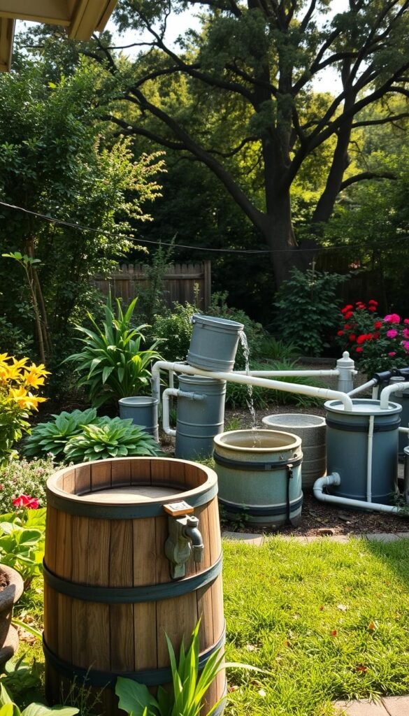A serene, well-designed rainwater collection system in a lush, verdant backyard setting. In the foreground, a sturdy rain barrel with a spigot captures the flow from a downspout, its rustic, wooden exterior blending seamlessly with the surrounding landscaping. In the middle ground, a network of interconnected cisterns and pipes leads the harvested rainwater towards a flourishing garden, while a small, gently cascading fountain adds a soothing, natural ambiance. The background features a mix of mature trees, shrubs, and flowers, casting a warm, dappled light over the entire scene, conveying a sense of tranquility and environmental harmony. The image is captured with a wide-angle lens, highlighting the integrated, holistic nature of this sustainable rainwater harvesting system.