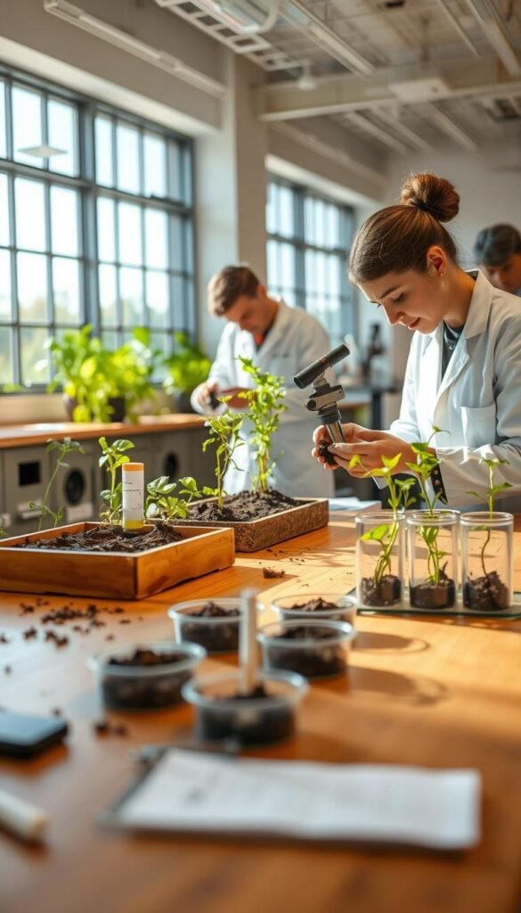 A serene, well-lit laboratory setting, with a wooden table in the foreground showcasing various soil testing equipment and samples. In the middle ground, a researcher in a white lab coat meticulously examines the soil, using specialized tools and instruments to analyze its composition. The background features floor-to-ceiling windows, allowing natural light to flood the space and highlighting the lush, verdant plants thriving in the prepared soil, hinting at the vibrant native garden to come. The overall atmosphere is one of scientific inquiry and environmental stewardship, setting the stage for the planning and preparation of an eco-friendly, native wildflower garden.