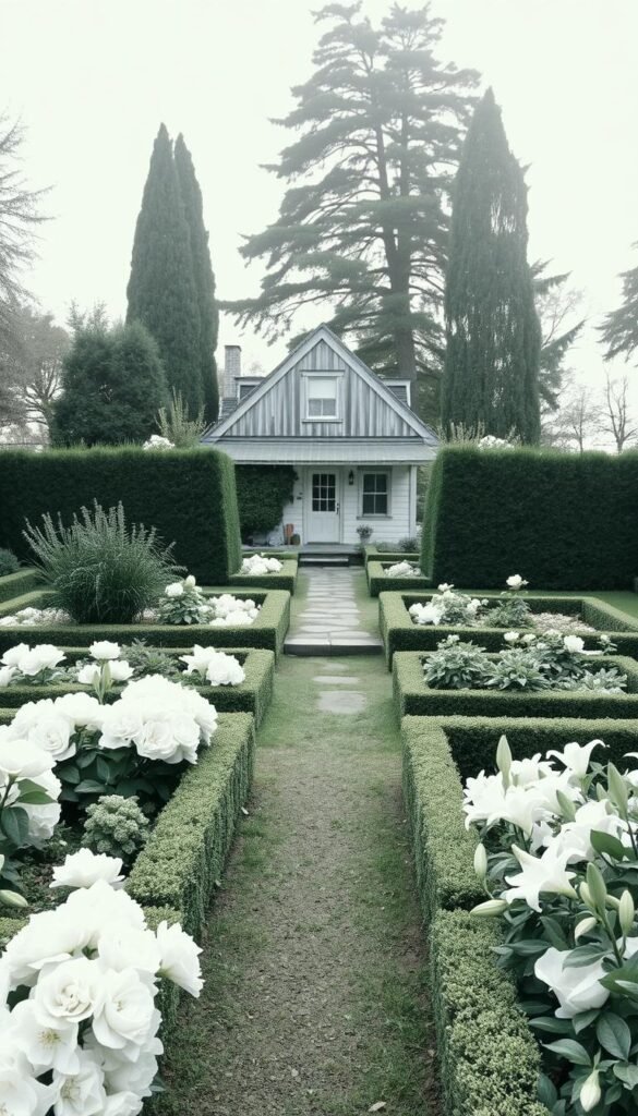 A serene, well-organized cottage garden with structured, symmetrical flower beds in the foreground. The beds are filled with lush, white blooms such as hydrangeas, peonies, and lilies, arranged in a visually pleasing, geometric pattern. The middle ground features a stone path winding through the garden, flanked by neatly trimmed hedges. In the background, a charming, weathered wooden cottage is nestled among tall, mature trees, bathed in soft, diffused sunlight. The scene has a sense of tranquility and elegant simplicity, inviting the viewer to step into this peaceful, monochromatic oasis.