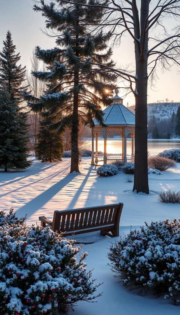 A serene winter landscape, blanketed in a pristine layer of snow. In the foreground, a cozy wooden bench nestled amidst frost-resistant evergreen shrubs and vibrant red berries. Towering pines and birch trees frame the scene, casting long shadows in the soft, diffused light of a winter sunset. A snow-capped gazebo stands in the middle distance, its intricate latticework covered in a delicate dusting of ice crystals. In the background, a gently rolling hill is dotted with clusters of hardy, snow-dusted perennials, leading the eye towards a frozen lake mirroring the tranquil, wintry tableau. The overall atmosphere is one of peaceful solitude and the quiet beauty of the winter season.
