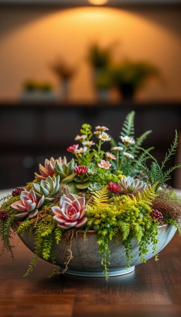 A shallow bowl filled with an artfully arranged dish garden, showcasing a lush, naturalistic composition. In the foreground, a variety of succulents, ferns, and mosses cascade over the bowl's edges, creating a vibrant, textural display. The middle ground features colorful, miniature flowering plants interspersed among the greenery, adding pops of color and visual interest. The background is softly blurred, allowing the dish garden to take center stage, bathed in warm, directional lighting that accentuates the organic forms and highlights the depth and dimension of the scene. The overall mood is one of serene, earthy elegance, inviting the viewer to imagine this stunning centerpiece adorning a table or shelf.