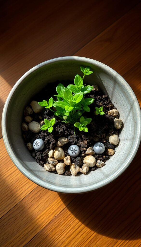 A shallow ceramic bowl rests on a wooden table, illuminated by soft, diffused lighting. The bowl's interior is filled with small, decorative rocks, soil, and the beginnings of a thriving miniature garden. Vibrant, lush green plants with delicate leaves and petals emerge from the soil, creating a harmonious and serene composition. The camera angles capture the bowl's depth and the careful arrangement of the elements within, inviting the viewer to imagine the transformation of this simple vessel into a lush, living centerpiece.