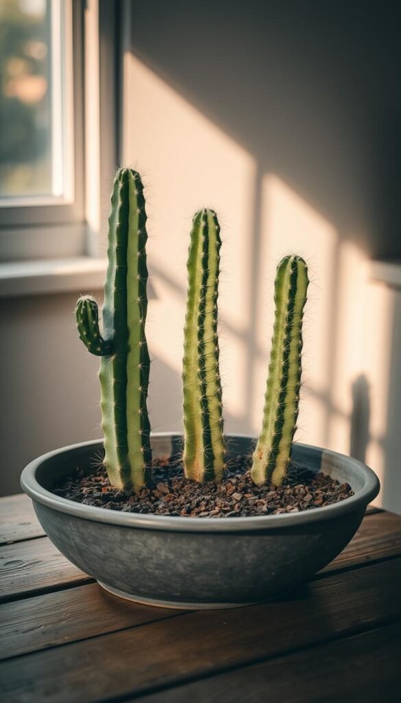A shallow container filled with rich, dark soil sits atop a rustic wooden table. Three hardy cacti plants of varying heights and shapes stand tall, their vibrant green paddles and sharp spines casting intricate shadows across the container. Soft, warm lighting filters through a nearby window, creating a gentle, desert-inspired ambiance. The scene exudes a sense of tranquility and a touch of the arid, Southwest aesthetic, inviting the viewer to imagine cultivating their own miniature cactus garden oasis indoors.