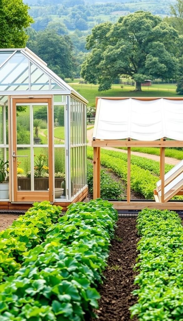 A side-by-side comparison of a greenhouse and a cold frame, set against a backdrop of a lush, verdant garden. In the foreground, the greenhouse stands tall, its glass panels gleaming in the soft, diffused sunlight. Next to it, the cold frame appears more compact, its wooden frame and clear plastic cover providing a cozy, protected environment. The middle ground features rows of thriving winter crops, their vibrant greens and varied textures contrasting with the structures. In the background, a verdant landscape of mature trees and winding garden paths sets the scene. The overall atmosphere is one of tranquility and productivity, inviting the viewer to imagine the year-round gardening possibilities these setups offer.