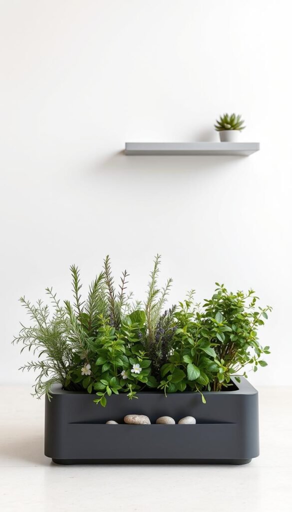 A sleek, modern herb-infused mini garden set against a minimalist backdrop. In the foreground, a low-profile planter holds a lush arrangement of fragrant herbs such as rosemary, thyme, and oregano, their green leaves gently swaying in the soft, even lighting. The middle ground features smooth, river stone accents and a compact, water-efficient drip irrigation system. The background showcases a clean, white wall punctuated by a single, well-placed floating shelf displaying a small succulent. The overall composition evokes a sense of tranquility and urban sophistication, perfect for a contemporary living space.