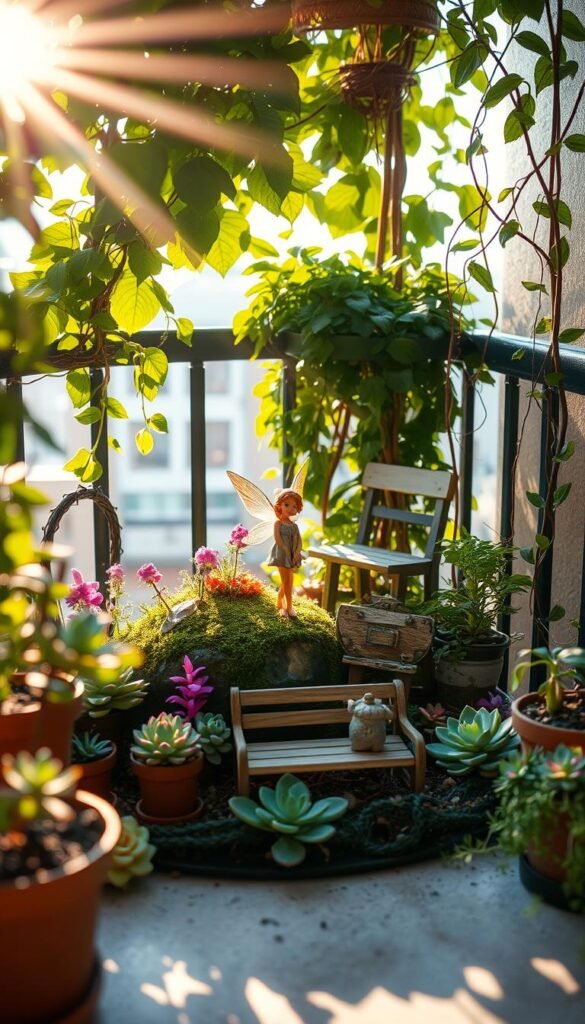 A small fairy garden nestled in a cozy patio or balcony, overflowing with miniature plants, whimsical figurines, and a touch of enchantment. Sunlight filters through a canopy of lush foliage, casting a warm, golden glow on the scene. In the foreground, a delicate fairy statue perches atop a mossy rock, her ethereal wings spread wide. Miniature flower beds and potted succulents surround her, their vibrant colors and intricate textures adding depth and visual interest. In the middle ground, a diminutive wooden bench invites guests to sit and bask in the tranquility of the garden. Trailing vines and delicate fairy lights weave through the scene, creating a sense of whimsy and wonder. The background features a dreamy, out-of-focus cityscape, hinting at the bustling world beyond this serene oasis.