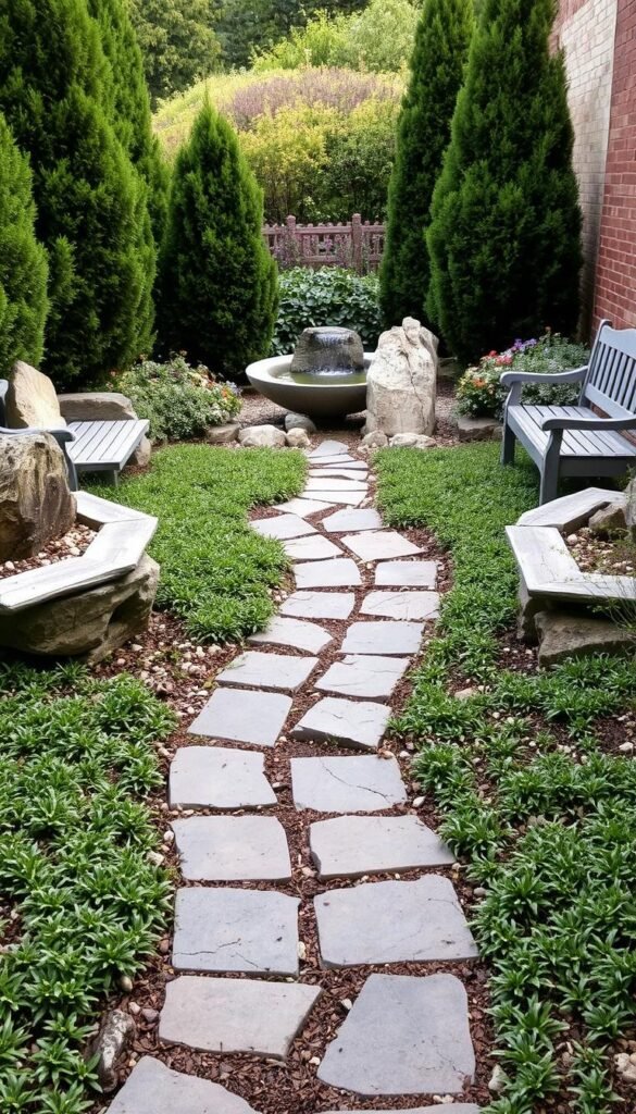 A small, intimate garden showcasing a well-designed hardscape. In the foreground, a meandering stone pathway leads the eye through a lush, textured groundcover. Raised garden beds on either side add depth and visual interest, their surfaces adorned with a smattering of river rocks. Strategically placed boulders and weathered wooden benches create inviting focal points, while a striking water feature in the middle ground catches the light and reflects the verdant foliage. In the background, a mix of evergreen shrubs and perennials frame the scene, creating a sense of enclosure and tranquility. Soft, diffused lighting accentuates the natural textures and colors, evoking a serene, contemplative atmosphere.