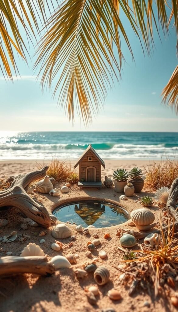 A small, tranquil coastal oasis nestled on a sun-dappled beach. In the foreground, an array of weathered driftwood, seashells, and delicate succulents create a serene tableau. Miniature pathways wind through a lush carpet of sand and beach grasses, leading the eye to a central focal point - a dainty fairy house crafted from natural materials. Surrounding this enchanting structure, a collection of potted coastal plants sway gently in the salty breeze. The middle ground features a shimmering tide pool, its crystal-clear waters reflecting the warm, golden light that filters through a canopy of palm fronds overhead. In the distance, a softly blurred horizon blends the sky and ocean into a seamless panorama, evoking a sense of tranquility and escape.
