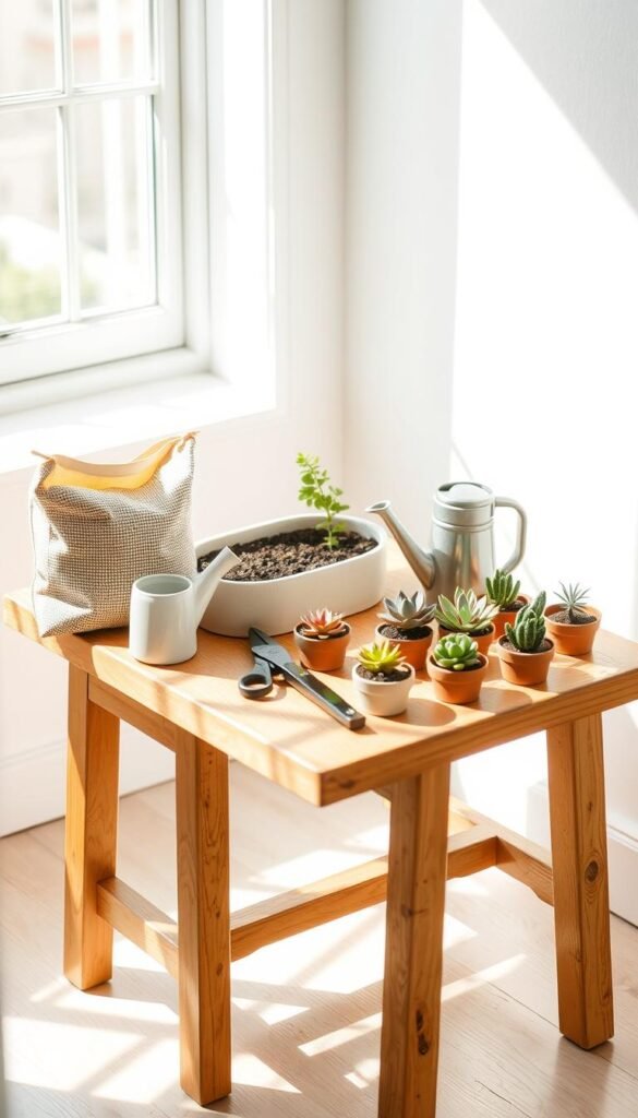 A small wooden table set with an array of mini garden materials - a shallow ceramic planter, a bag of potting soil, a small watering can, a pair of gardening shears, and an assortment of tiny succulents and cacti in their individual pots. The table is situated in a bright, airy room with large windows letting in natural light, casting soft shadows across the scene. The materials are arranged in a visually pleasing, organized manner, conveying a sense of tranquility and mindfulness. The overall mood is one of simplicity, practicality, and the joy of cultivating a miniature green oasis within the home.