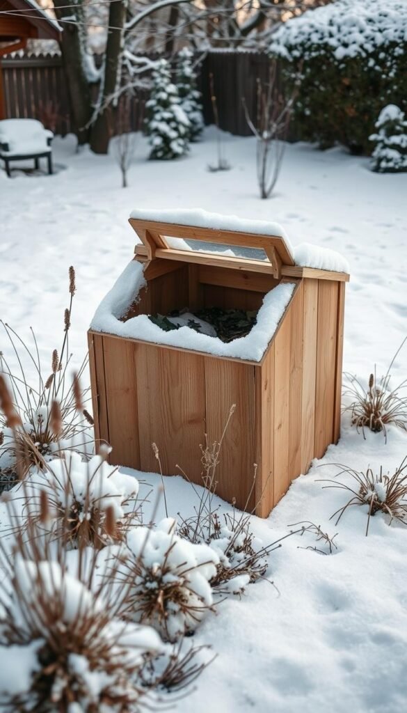 A snow-covered backyard with a well-insulated compost bin in the foreground. The bin is constructed of sturdy wooden panels, with a hinged lid and a small opening for adding organic matter. Surrounding the bin are various winter plants and a layer of crisp, white snow, creating a serene and peaceful atmosphere. The lighting is soft and natural, with a slight overcast quality that casts a gentle glow on the scene. The camera angle is low, capturing the bin at eye level, emphasizing its practical and functional design. The overall composition highlights the importance of maintaining an active compost pile even during the colder months, showcasing a winter-ready composting setup that is both effective and visually appealing.