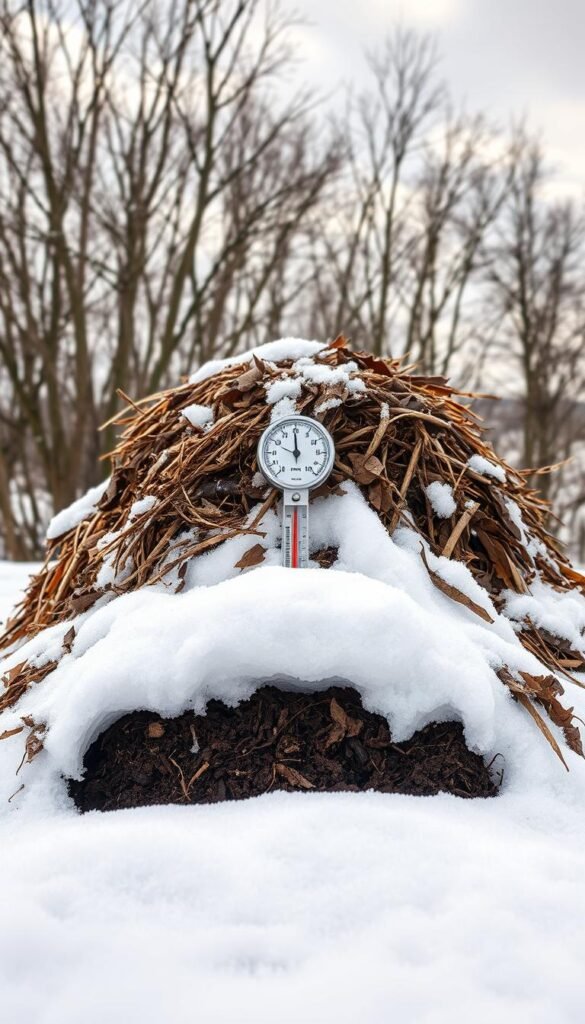 A snow-covered compost pile set against a backdrop of bare trees and a cloudy winter sky. In the foreground, a cutaway view reveals the internal layers of the pile, with rich, dark compost at the bottom and freshly added carbon-rich brown materials like dry leaves and straw on top. The middle ground showcases a thermometer and pH meter, highlighting the importance of monitoring the pile's temperature and acidity for optimal decomposition. Diffused natural light filters through the scene, creating soft shadows and a serene, contemplative atmosphere. The overall composition emphasizes the balance between carbon and nitrogen sources required for successful winter composting.