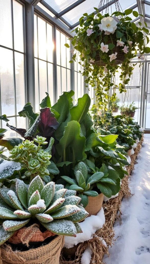 A snowy greenhouse interior, with sunlight streaming through the glass panes, illuminating a variety of lush, winter-hardy plants. In the foreground, a potted succulent nestled among straw and burlap wraps, its leaves glistening with frost. In the middle ground, tall kale and collard greens stand tall, their broad leaves protected by a layer of transparent plastic sheeting. In the background, a metal frame supports a hanging basket overflowing with cascading vines and delicate blooms, their vibrant colors a striking contrast against the muted tones of the winter setting. The entire scene exudes a sense of cozy, sheltered growth, a testament to the resilience of greenhouse gardening in colder climates.