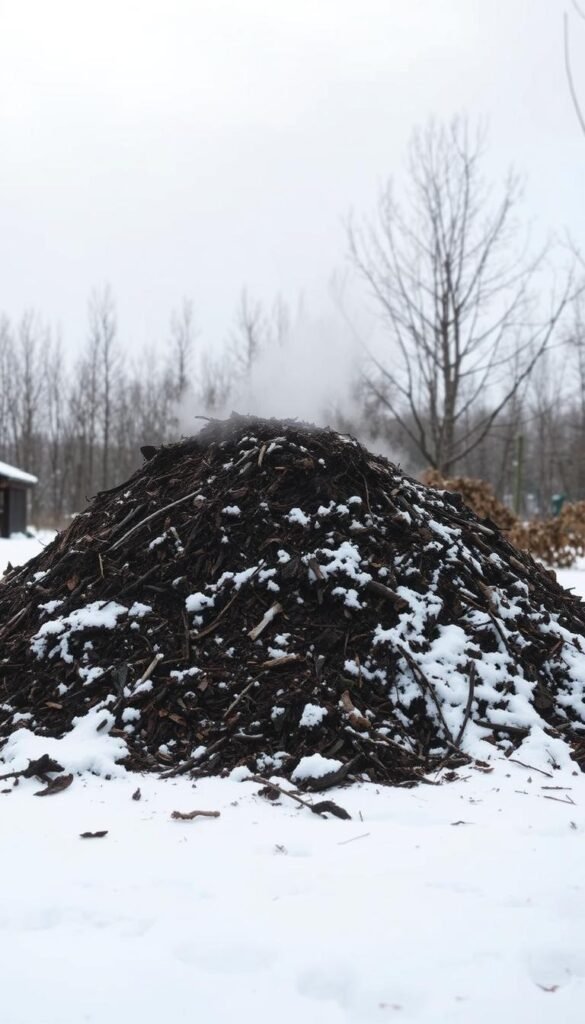 A snowy winter landscape, with a large compost pile in the foreground. The pile is partially covered in a light dusting of snow, but steam is visibly rising from the center, indicating active decomposition despite the cold conditions. In the middle ground, a person is tending to the pile, gently turning the material with a garden fork to aerate and regulate the moisture levels. The background features a bare, leafless tree line, and a cloudy, gray sky. The lighting is soft and diffused, creating a serene, contemplative atmosphere. The camera angle is slightly elevated, allowing the viewer to observe the scene from an insightful perspective.