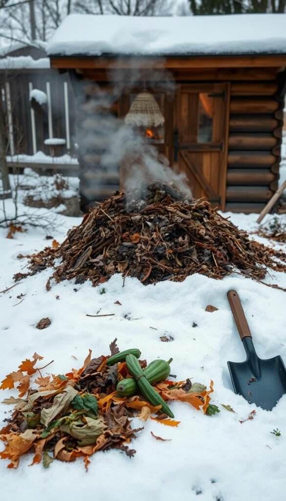 A snowy winter landscape, with a steaming hot compost pile at the center. The pile is surrounded by a wooden enclosure, its slats revealing glimpses of the rich, decomposing organic matter within. Steam rises from the pile, indicating the active microbial processes at work. In the foreground, various compost-friendly materials are arranged - shredded leaves, vegetable scraps, and a shovel, suggesting the recent addition of new ingredients. The background features a cozy wooden shed, its warm glow contrasting with the cool tones of the winter scene. The lighting is soft and indirect, creating a serene and contemplative atmosphere, inviting the viewer to consider the transformative power of hot composting even in the depths of winter.