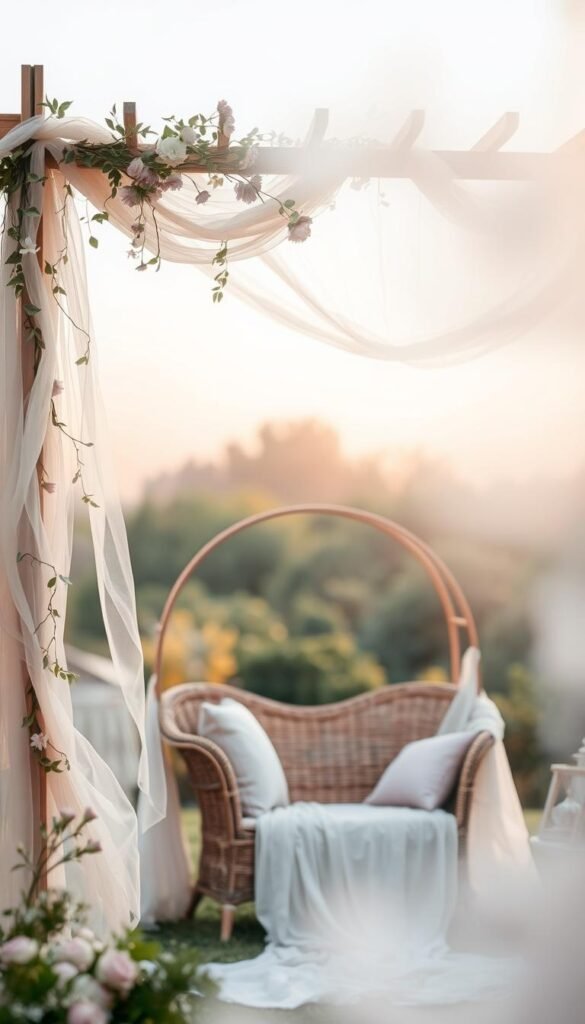 A soft, dreamy garden scene with pastel-hued accessories floating amidst a hazy, ethereal atmosphere. In the foreground, a delicate lattice arch draped in sheer, flowing fabrics, adorned with cascading vines and gentle blooms. In the middle ground, a wicker settee enveloped in a wispy canopy, plush cushions in muted pinks and lavenders. The background features a lush, verdant landscape bathed in warm, diffused sunlight, blurred into a dreamlike reverie. The entire composition evokes a sense of tranquility, romance, and the gentle embrace of nature.