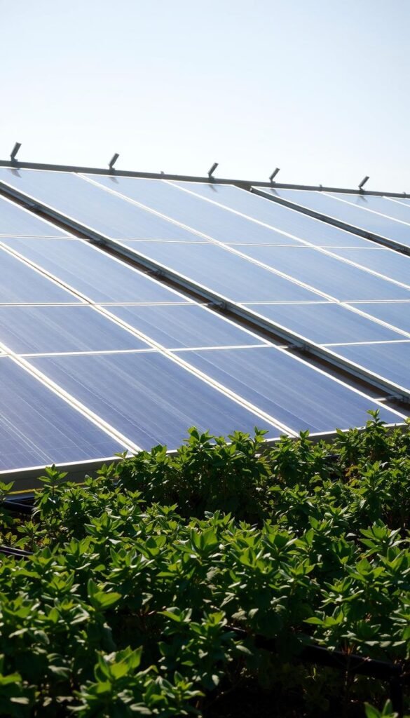 A solar greenhouse bathed in warm afternoon sunlight, with neatly arranged rows of sleek, crystalline solar panels covering the rooftop. The panels are oriented at a precise angle, angled to maximize energy capture from the sun's rays. In the foreground, a well-tended garden flourishes, its lush greenery contrasting with the shimmering panels above. The scene conveys a harmonious coexistence of renewable energy and sustainable agriculture, creating a self-sufficient ecosystem. The overall composition is balanced, with the solar panels taking center stage, their efficient placement and integration into the greenhouse design showcasing the potential for energy independence.