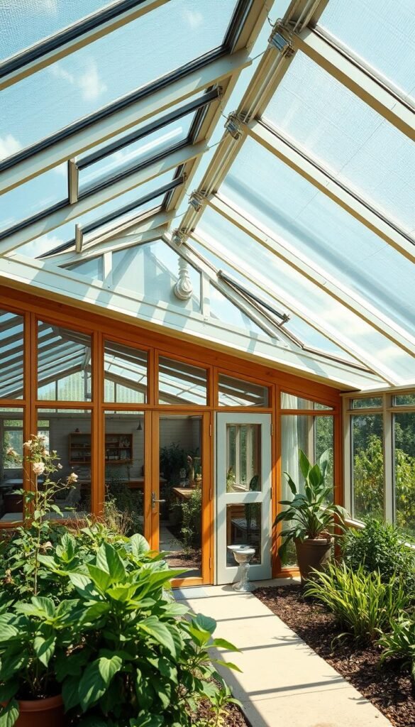 A solar-powered greenhouse with a sleek, modern design, featuring an array of strategically-placed windows and skylights to maximize natural lighting. The structure has a minimalist, clean-lined aesthetic, with a mix of glass, wood, and metal elements that create a warm, inviting atmosphere. The greenhouse is positioned in a sunny, well-ventilated area, with carefully-planned passive solar features like thermal mass and insulation to regulate temperature. Lush, thriving plants and a small seating area hint at the greenhouse's function as both a productive growing space and a peaceful retreat. The overall composition conveys a sense of sustainability, efficiency, and harmonious integration with the surrounding environment.