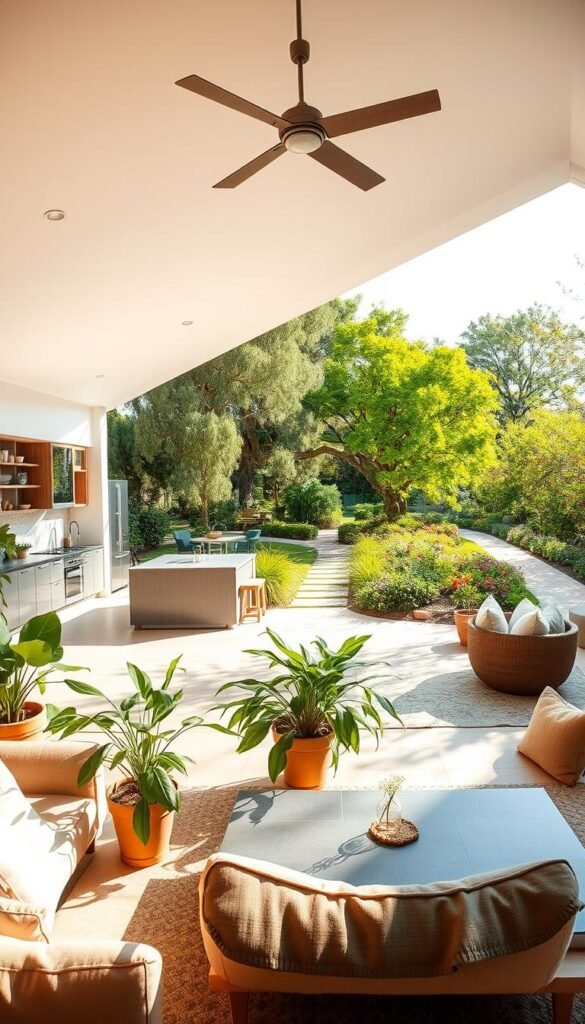 A spacious, sun-drenched indoor-outdoor living area with a seamless transition between the two spaces. In the foreground, a cozy lounge setting with plush furniture, lush potted plants, and warm natural lighting filtering through large windows. The middle ground features a well-appointed kitchen with sleek appliances and a central island, blending effortlessly with the outdoor patio. In the background, a lush, verdant garden oasis with towering trees, colorful flower beds, and a meandering path inviting exploration. The overall mood is one of tranquility, harmony, and a perfect balance between the indoors and outdoors.