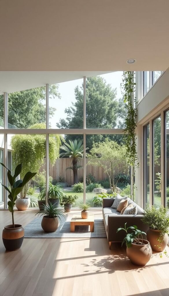 A spacious, sun-drenched interior seamlessly blends with a lush, verdant outdoor garden. Expansive floor-to-ceiling windows flood the room with natural light, creating a harmonious flow between the indoors and the exquisitely landscaped backyard. A minimalist, Scandinavian-inspired design aesthetic features clean lines, muted tones, and natural materials like wood and stone. Comfortable seating arrangements invite relaxation, while potted plants and trailing vines soften the boundaries, evoking a sense of tranquility and connection with nature. Subtle lighting fixtures cast a warm, ambient glow, enhancing the cozy atmosphere and inviting exploration of this serene, holistic living space.