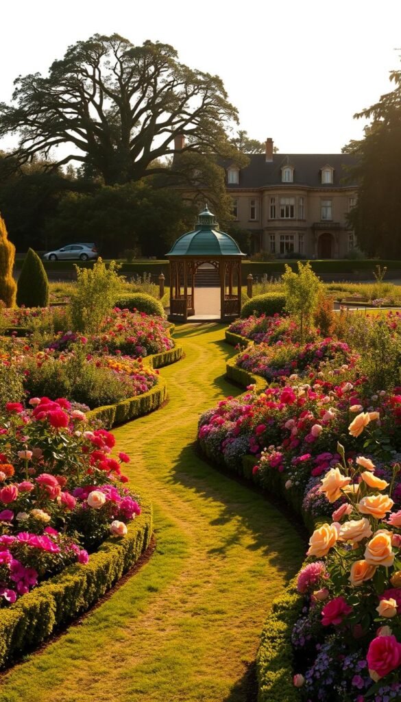 A sprawling English garden in the afternoon sun, lush with vibrant perennials and heritage roses. In the foreground, a winding path meanders through beds of colorful blooms, bordered by neatly trimmed hedges. The middle ground reveals a picturesque gazebo, its ornate woodwork casting soft shadows. In the distance, a stately manor house stands as a testament to the garden's storied past, its façade framed by towering oak trees. The scene is bathed in a warm, golden light, creating a timeless, serene atmosphere that captures the essence of the quintessential English garden.