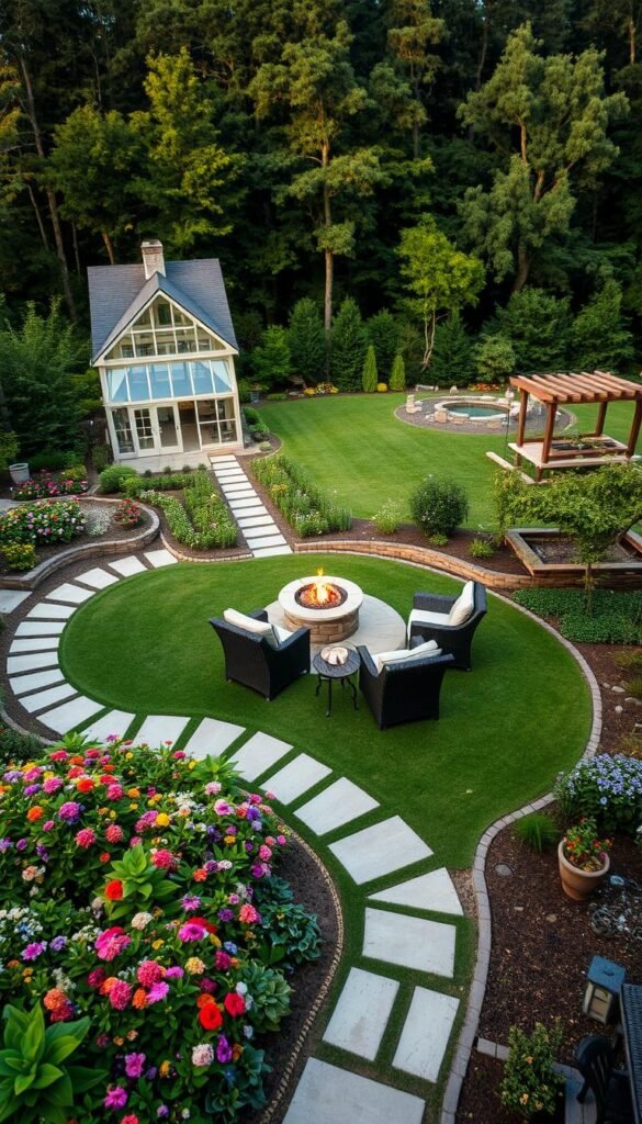 A sprawling backyard oasis, with distinct zones for leisure, cultivation, and relaxation. In the foreground, a meticulously landscaped garden bed bursts with vibrant flowers and lush foliage. Meandering pathways, crafted from natural stone, lead to a central seating area - a cozy arrangement of wicker furniture and a fire pit, bathed in warm, diffused lighting. In the middle ground, a raised vegetable and herb garden, its raised beds neatly organized, while a greenhouse stands nearby, its glass panels glinting in the soft, golden hour sunlight. Farther back, a tranquil pond, its still waters reflecting the surrounding trees and a wooden pergola, draped in cascading vines, creating a serene retreat. The entire scene is framed by a lush, verdant backdrop, conveying a sense of privacy and immersion in nature.