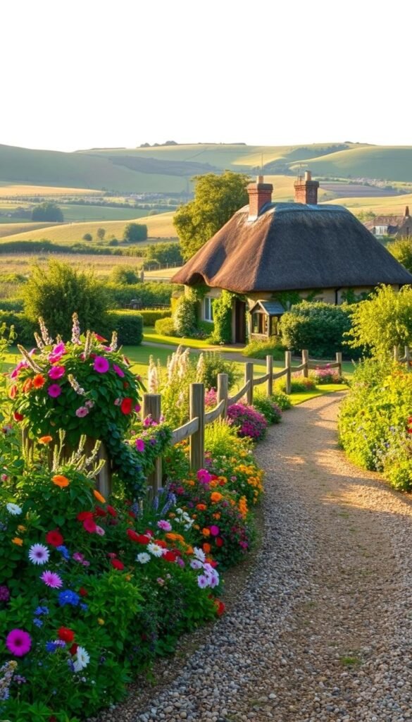 A sprawling cottage garden bursting with vibrant blooms, nestled in a quaint English countryside setting. In the foreground, an array of colorful perennials and climbing vines adorn a rustic wooden fence. The middle ground features a meandering gravel path leading to a charming cottage with a thatched roof, flanked by lush hedgerows and fruit trees. In the background, rolling hills dotted with wildflowers create a serene, picturesque landscape, bathed in the warm glow of golden hour sunlight. The scene evokes a sense of timeless tranquility and a connection to the natural world, capturing the essence of the origins and inspiration behind the beloved cottage garden aesthetic.