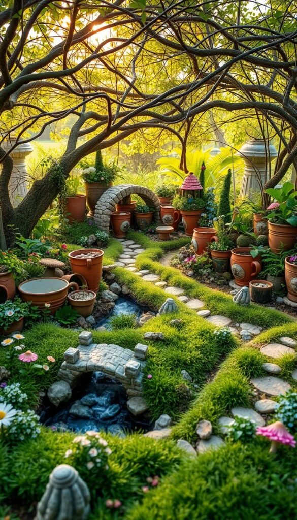 A sprawling fairy garden layout with whimsical pathways winding through a lush, enchanted landscape. In the foreground, a miniature stone bridge arches over a babbling brook, surrounded by delicate fairy flowers and mushrooms. Midground features a variety of upcycled containers - weathered clay pots, tin buckets, and vintage teacups - overflowing with vibrant greenery and hidden fairy dwellings. In the background, a canopy of twisted branches and wispy leaves filters warm, golden sunlight, casting a magical glow across the serene scene. The overall atmosphere is one of peaceful tranquility, inviting the viewer to step into this enchanted fairy oasis.