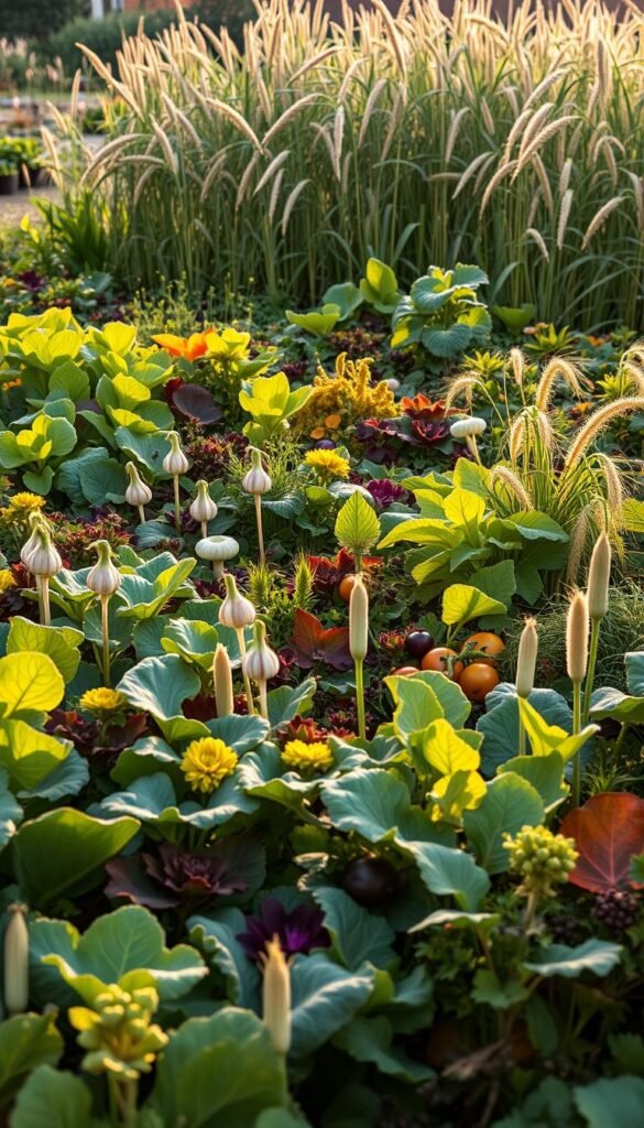 A sprawling garden of diverse plant families, their foliage and blossoms in harmonious arrangement. In the foreground, lush leafy greens, brassicas, and alliums stand tall, their shapes and colors complementing each other. The middle ground features the vibrant hues of nightshades, legumes, and cucurbits, their vines and tendrils intertwining. In the background, tall grains and fiber crops sway gently, creating a natural rhythm. Soft, warm lighting filters through, casting a golden glow and emphasizing the organic flow of this thriving, interconnected ecosystem. A wide-angle lens captures the scene, showcasing the beauty and complexity of this carefully curated crop rotation.