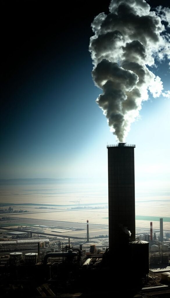 A sprawling industrial landscape, bathed in a harsh, artificial glow. In the foreground, a towering silo emits billowing plumes of smoke, symbolizing the environmental impact of synthetic fertilizer production. The middle ground is cluttered with a maze of pipes, tanks, and processing equipment, casting ominous shadows across the scene. In the distance, a barren, lifeless expanse stretches out, hinting at the long-term consequences of these practices on the natural world. The lighting is harsh and directional, creating deep, contrasting shadows that lend a sense of foreboding and unease. The overall atmosphere is one of overwhelming industrial dominance, highlighting the stark contrast between the synthetic and the organic.