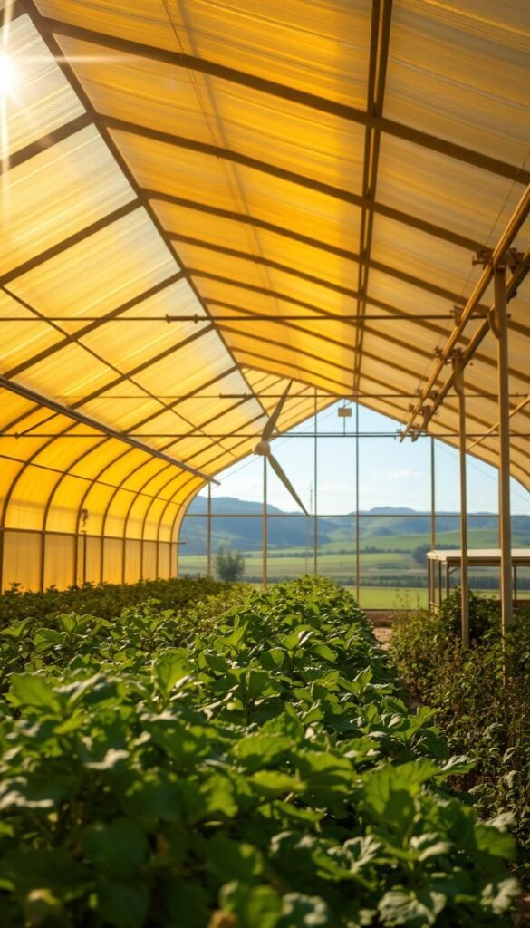 A sprawling solar greenhouse bathed in warm, golden light, the glass panels refracting beams of sunlight onto a lush, verdant interior. In the foreground, thriving vegetable plants and herbs soak up the natural radiance, their leaves rustling gently. In the middle ground, a small wind turbine spins, harnessing the renewable energy to power the greenhouse's systems. The background reveals a picturesque rural landscape, rolling hills and a clear blue sky, underscoring the self-sustaining, eco-friendly nature of this solar-powered growing oasis. The overall scene exudes a sense of harmony, efficiency, and the boundless potential of renewable energy to enable year-round, self-sufficient food production.