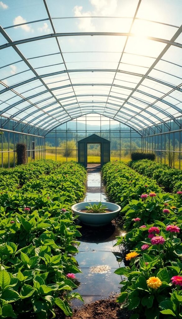 A sprawling solar-powered greenhouse stands in a lush, verdant landscape. Sunlight streams through the glass and metal frame, illuminating the thriving vegetation within. In the foreground, rows of leafy greens and vibrant flowers bask in the warm glow, while a central water feature reflects the sky above. The middle ground features a sturdy, modular structure with solar panels on the roof, providing renewable energy to power the greenhouse's climate controls and irrigation system. In the background, rolling hills and a distant forest create a peaceful, serene setting, showcasing the harmony between nature and sustainable technology.